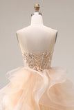 Champagne Princess Strapless Organza Long Prom Dress with Ruffles