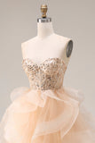 Champagne Princess Strapless Organza Long Prom Dress with Ruffles