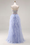 Light Plum A-Line Tulle Appliqued Corset Long Prom Dress with Ruffles