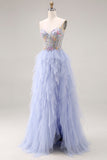 Light Plum A-Line Tulle Appliqued Corset Long Prom Dress with Ruffles