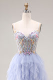 Light Plum A-Line Tulle Appliqued Corset Long Prom Dress with Ruffles