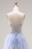 Light Plum A-Line Tulle Appliqued Corset Long Prom Dress with Ruffles