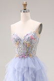 Light Plum A-Line Tulle Appliqued Corset Long Prom Dress with Ruffles