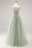 Dusty Green A-Line Corset Strapless Tulle Long Prom Dress with Slit