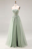 Dusty Green A-Line Corset Strapless Tulle Long Prom Dress with Slit