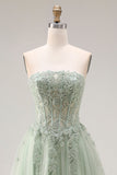Dusty Green A-Line Corset Strapless Tulle Long Prom Dress with Slit