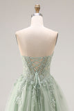 Dusty Green A-Line Corset Strapless Tulle Long Prom Dress with Slit
