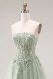 Dusty Green A-Line Corset Strapless Tulle Long Prom Dress with Slit