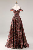 Off the Shoulder Coffee Leopard A Line Long Prom Dress
