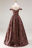 Off the Shoulder Coffee Leopard A Line Long Prom Dress