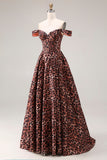 Off the Shoulder Coffee Leopard A Line Long Prom Dress