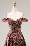 Off the Shoulder Coffee Leopard A Line Long Prom Dress