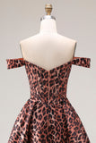 Off the Shoulder Coffee Leopard A Line Long Prom Dress