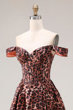 Off the Shoulder Coffee Leopard A Line Long Prom Dress