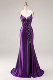 Purple Mermaid Spaghetti Straps Beaded Long Prom Dress with Slit