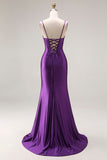 Purple Mermaid Spaghetti Straps Beaded Long Prom Dress with Slit