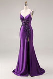 Purple Mermaid Spaghetti Straps Beaded Long Prom Dress with Slit