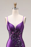 Purple Mermaid Spaghetti Straps Beaded Long Prom Dress with Slit