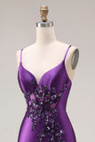 Purple Mermaid Spaghetti Straps Beaded Long Prom Dress with Slit