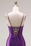 Purple Mermaid Spaghetti Straps Beaded Long Prom Dress with Slit