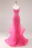 Fuchsia Mermaid Corset Spaghetti Straps Long Prom Dress with Sequins