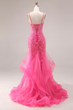 Fuchsia Mermaid Corset Spaghetti Straps Long Prom Dress with Sequins