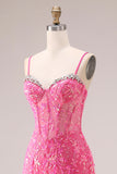 Fuchsia Mermaid Corset Spaghetti Straps Long Prom Dress with Sequins