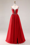 Red A-Line Spaghetti Straps Corset Long Prom Dress with Slit