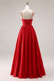 Red A-Line Spaghetti Straps Corset Long Prom Dress with Slit