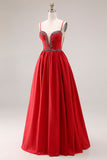 Red A-Line Spaghetti Straps Corset Long Prom Dress with Slit