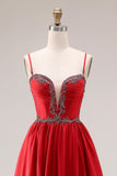Red A-Line Spaghetti Straps Corset Long Prom Dress with Slit
