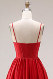 Red A-Line Spaghetti Straps Corset Long Prom Dress with Slit