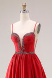 Red A-Line Spaghetti Straps Corset Long Prom Dress with Slit