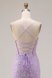 Purple Mermaid Spaghetti Straps Lace Up Back Long Prom Dress with Ruffled Slit