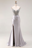 Sparkly Light Grey Mermaid Beaded Long Prom Dress with Slit