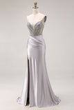 Sparkly Light Grey Mermaid Beaded Long Prom Dress with Slit