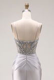 Sparkly Light Grey Mermaid Beaded Long Prom Dress with Slit