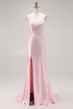 Light Pink Mermaid Beaded Halter Pearls Long Prom Dress with Slit