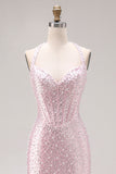 Light Pink Mermaid Beaded Halter Pearls Long Prom Dress with Slit