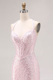 Light Pink Mermaid Beaded Halter Pearls Long Prom Dress with Slit