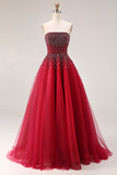 Red A-Line Strapless Tulle Long Prom Dress with Beading