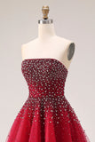Red A-Line Strapless Tulle Long Prom Dress with Beading