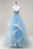 Princess Sky Blue Organza V Neck Appliqued Ruffled Long Prom Dress