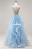 Princess Sky Blue Organza V Neck Appliqued Ruffled Long Prom Dress
