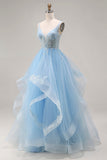 Princess Sky Blue Organza V Neck Appliqued Ruffled Long Prom Dress