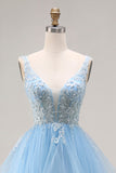Princess Sky Blue Organza V Neck Appliqued Ruffled Long Prom Dress