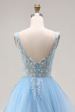 Princess Sky Blue Organza V Neck Appliqued Ruffled Long Prom Dress