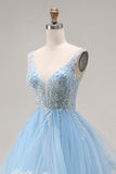 Princess Sky Blue Organza V Neck Appliqued Ruffled Long Prom Dress