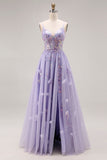 Light Purple A-Line Beaded Sequin Lace Up Back Long Prom Dress with Slit