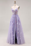 Light Purple A-Line Beaded Sequin Lace Up Back Long Prom Dress with Slit